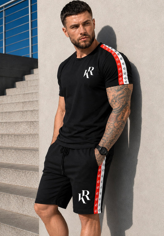 Men’s black summer set NIZZA by KRUTYAKOV with t-shirt and shorts, red and white logo tape details, styled as a premium casual outfit.