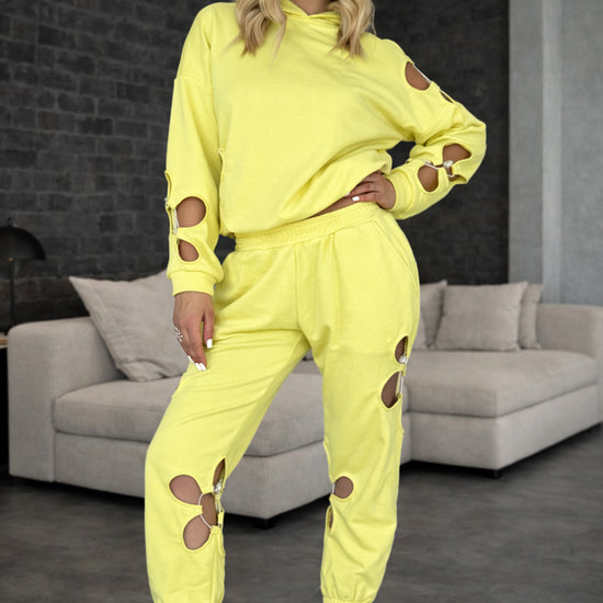 Women’s yellow flower cut-out tracksuit by KRUTYAKOV — soft cotton two piece lounge set with hoodie and joggers