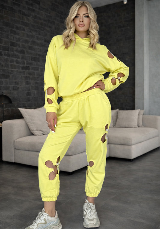 Women’s yellow flower cut-out tracksuit by KRUTYAKOV — soft cotton two piece lounge set with hoodie and joggers