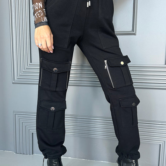 KRUTYAKOV Helen black cargo joggers with statement patch pockets, relaxed fit, and bold urban streetwear style