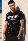 Men’s black ANARCHY designer T-shirt by KRUTYAKOV with white graphic print and cut-out details
