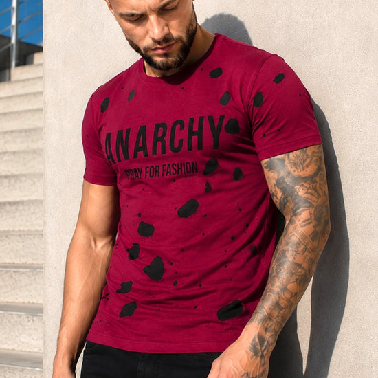 Men’s burgundy ANARCHY designer T-shirt by KRUTYAKOV with black velvet print and cut-out details