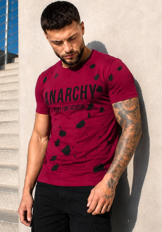 Men’s burgundy ANARCHY designer T-shirt by KRUTYAKOV with black velvet print and cut-out details