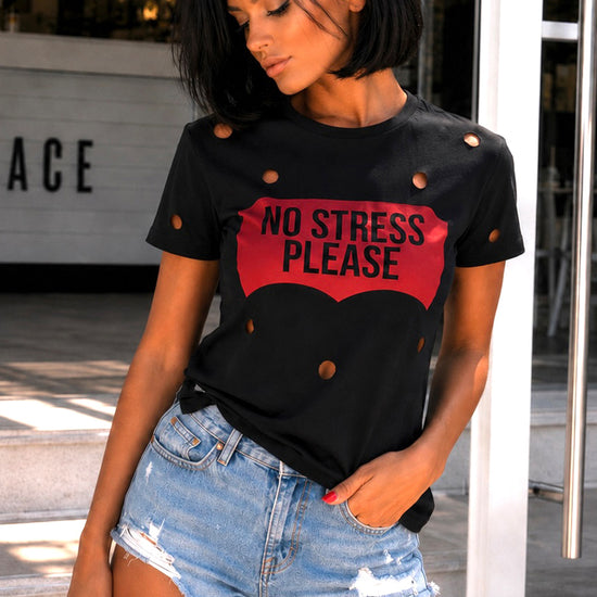 KRUTYAKOV Women’s No Stress Black Graphic T-Shirt with distressed details and bold red statement print