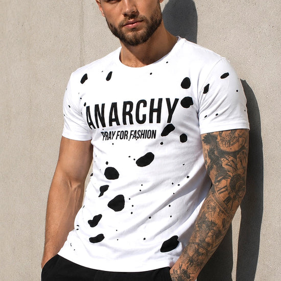 Men’s white ANARCHY designer T-shirt by KRUTYAKOV with black velvet print and cut-out details