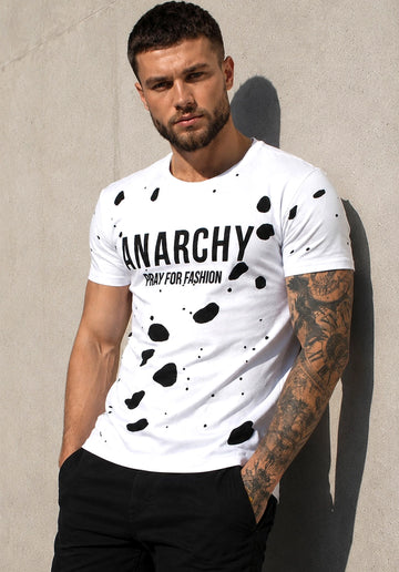 Men’s white ANARCHY designer T-shirt by KRUTYAKOV with black velvet print and cut-out details