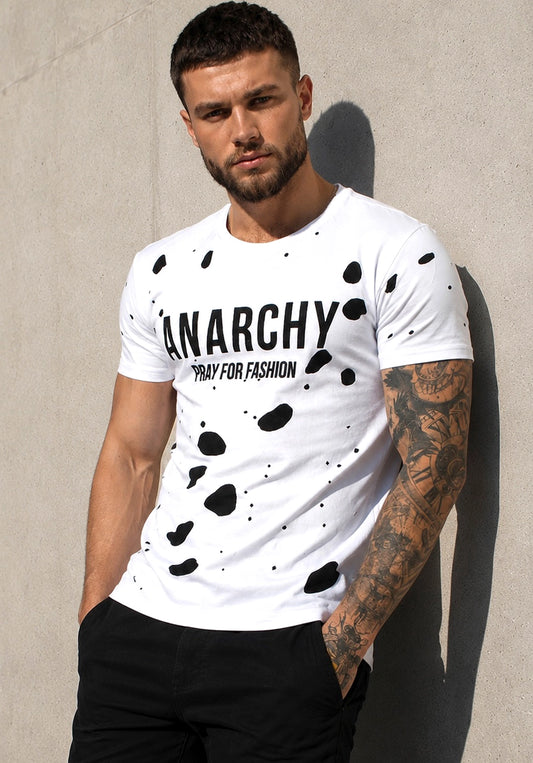 Men’s white ANARCHY designer T-shirt by KRUTYAKOV with black velvet print and cut-out details