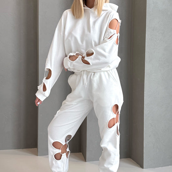 Women’s White Flower Cut-Out Tracksuit by KRUTYAKOV — elegant two piece lounge set with floral designer details