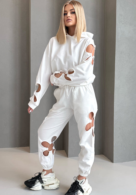 Women’s White Flower Cut-Out Tracksuit by KRUTYAKOV — elegant two piece lounge set with floral designer details