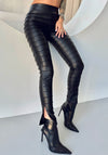 RIBBED FAUX LEATHER SLIT LEGGINGS LINES BLACK