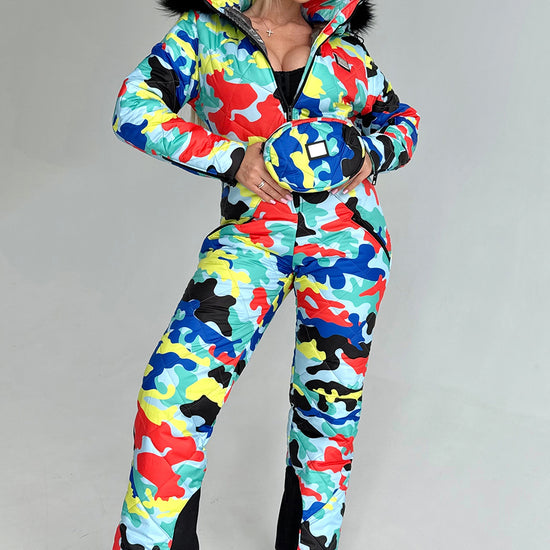 Women’s multicolored one piece ski suit by KRUTYAKOV with insulated snow suit design and detachable fur hood
