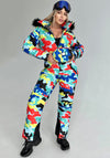 Women’s multicolored one piece ski suit by KRUTYAKOV with insulated snow suit design and detachable fur hood