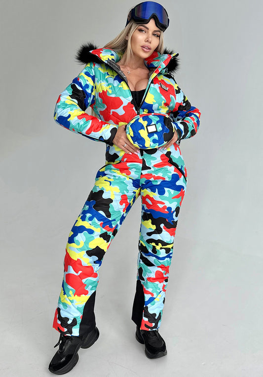 Women’s multicolored one piece ski suit by KRUTYAKOV with insulated snow suit design and detachable fur hood