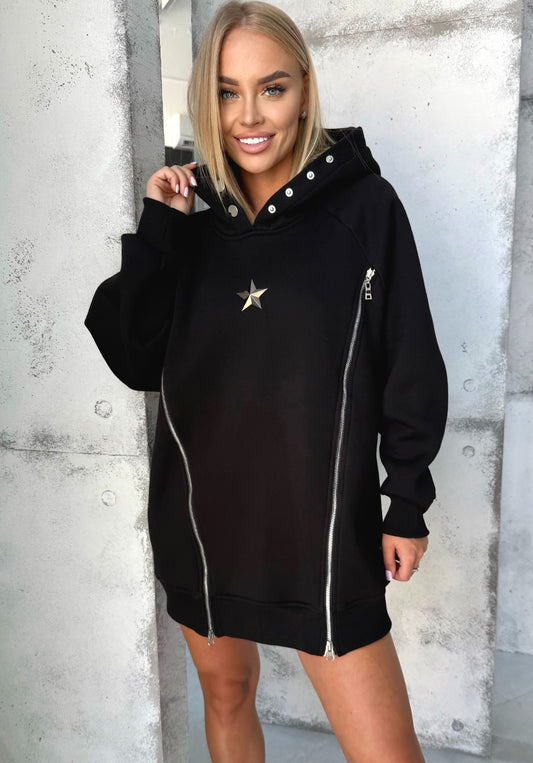 Women’s Oversized Hoodie Tunic Zipper — Black Sirena