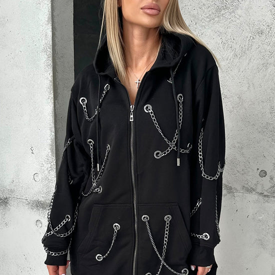 Women’s black oversized hoodie with metal chain details by KRUTYAKOV