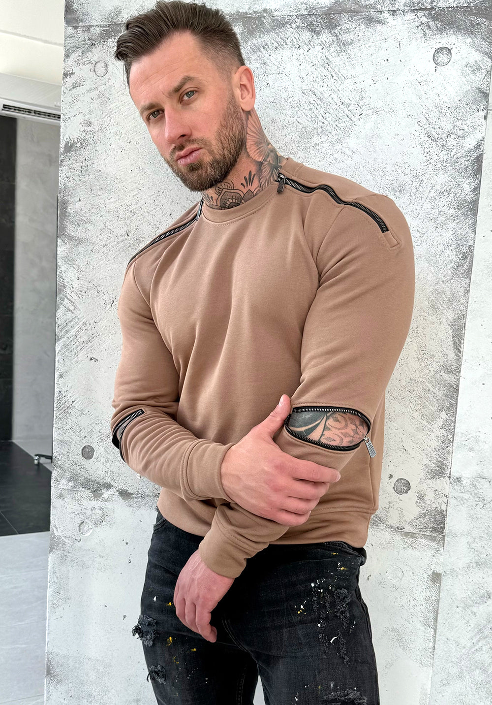 Men’s beige sweatshirt Four Zippers by KRUTYAKOV