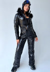 Women’s black glossy one piece ski suit with fur hood by KRUTYAKOV