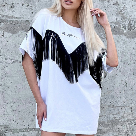 KRUTYAKOV Ankora white oversized fringe T-shirt with relaxed fit, front logo detail, and bold designer streetwear style