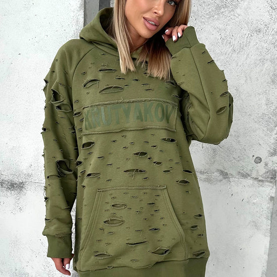 Women’s khaki DESTRA oversized distressed hoodie by KRUTYAKOV, front view