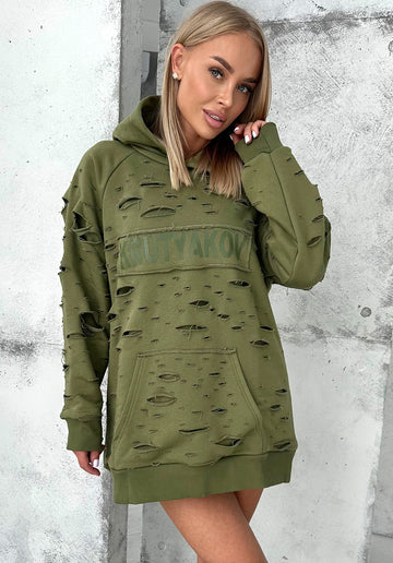 Women’s khaki DESTRA oversized distressed hoodie by KRUTYAKOV, front view