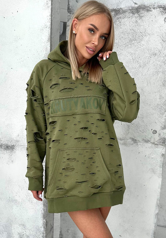Women’s khaki DESTRA oversized distressed hoodie by KRUTYAKOV, front view