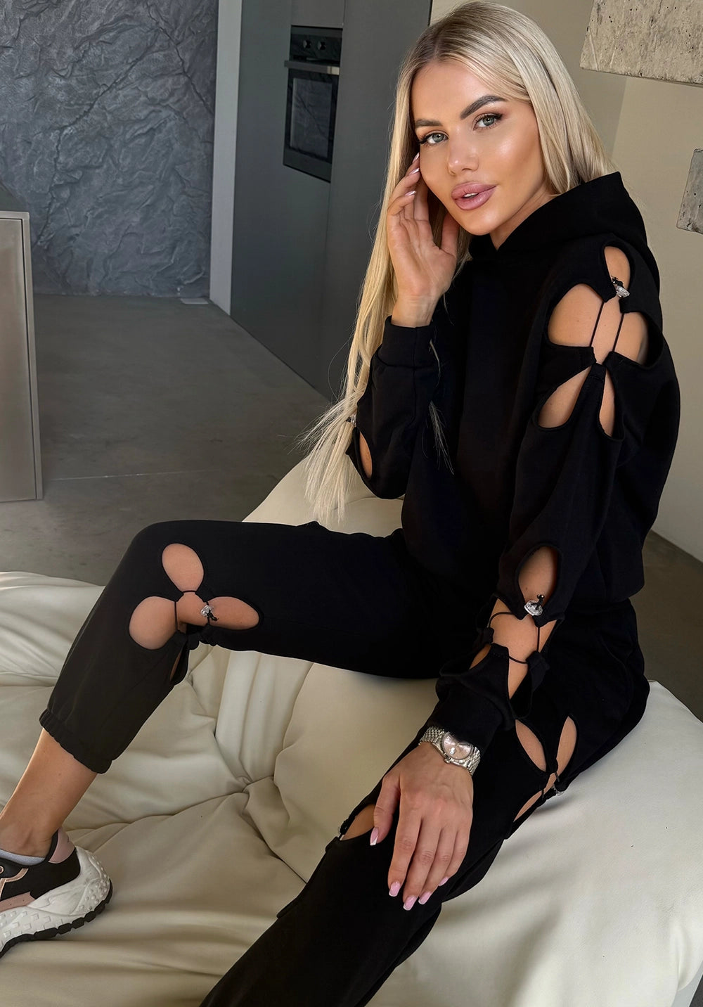 Women’s Flower Cut-Out Tracksuit — Daisy Black