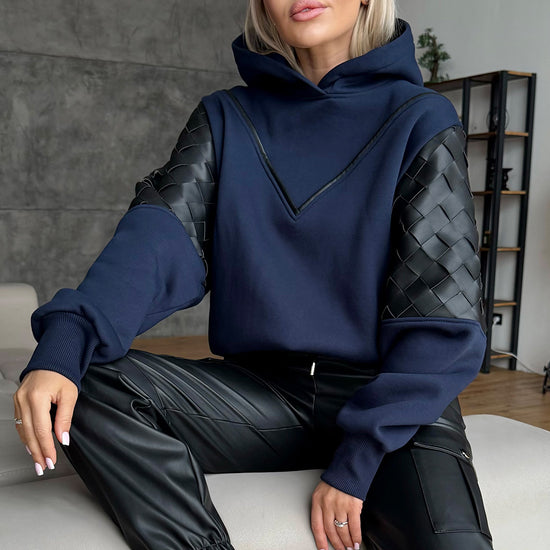 Women’s dark blue LEPLEX designer hoodie with black leather inserts by KRUTYAKOV