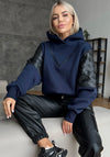 Women’s dark blue LEPLEX designer hoodie with black leather inserts by KRUTYAKOV