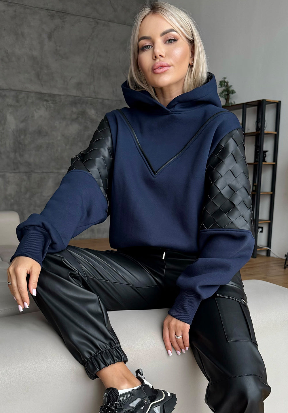 Women’s dark blue LEPLEX designer hoodie with black leather inserts by KRUTYAKOV