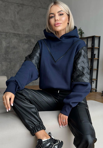 Women’s dark blue LEPLEX designer hoodie with black leather inserts by KRUTYAKOV