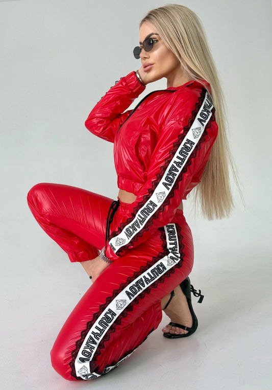 KRUTYAKOV women’s KAYRO shiny red tracksuit set with cropped zip jacket and matching high-waisted jogger pants
