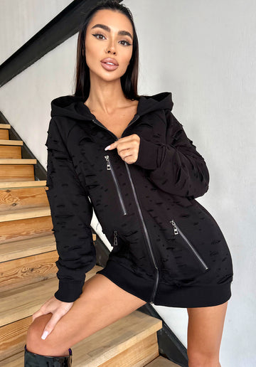Women’s Designer Distressed Hoodie Destra Zipper — Black
