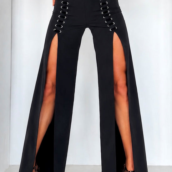 GARNA black lace-up slit pants for women with high waist and dramatic front slits