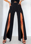 GARNA black lace-up slit pants for women with high waist and dramatic front slits