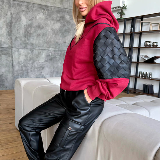 Handmade burgundy oversized hoodie for women with contrast eco-leather sleeves