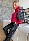 Handmade burgundy oversized hoodie for women with contrast eco-leather sleeves