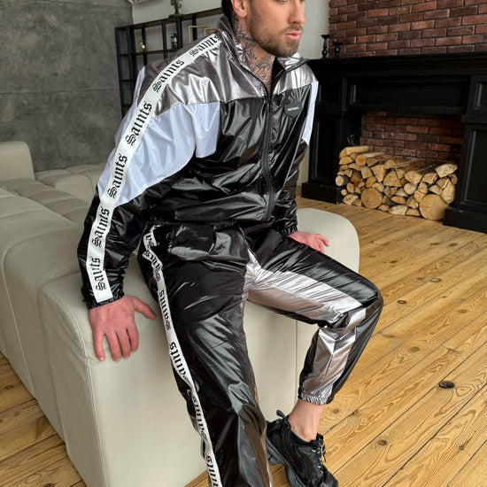 Men’s luxury streetwear tracksuit with black and silver finish