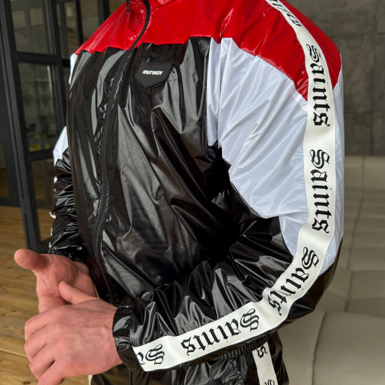 Men’s glossy streetwear tracksuit with zip jacket and joggers