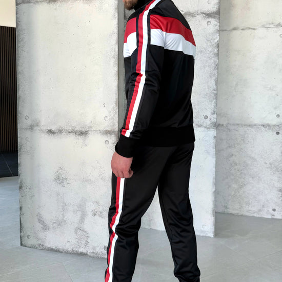 Black men’s two piece tracksuit with red and white contrast details