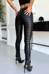 RIBBED FAUX LEATHER SLIT LEGGINGS LINES BLACK
