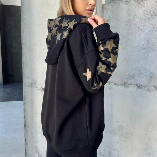 Handmade KRUTYAKOV black hoodie with star details on sleeves and hood