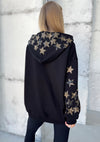 Black cotton-blend hoodie with decorative leather stars and cozy hood