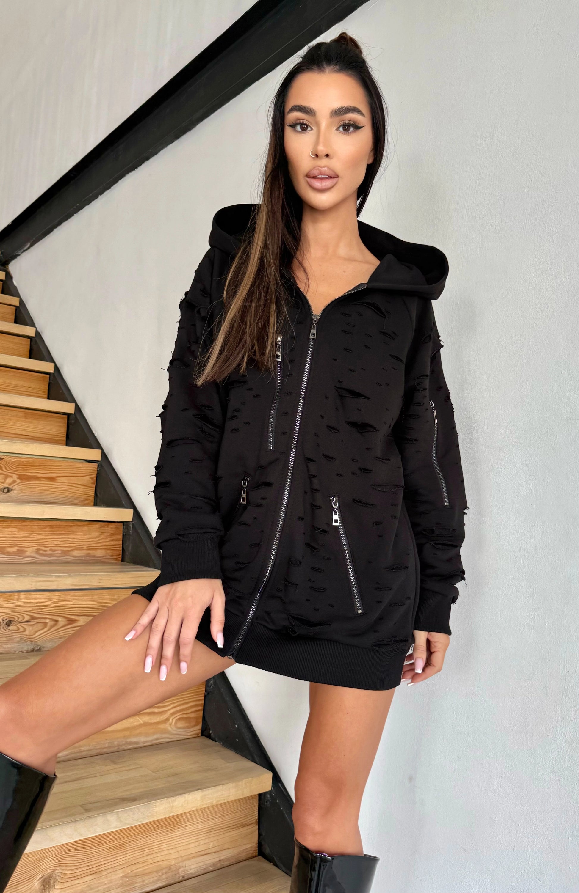 Women’s Designer Distressed Hoodie Destra Zipper — Black