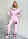 Handmade pink beaded tracksuit for women with sweatshirt and jogger pants