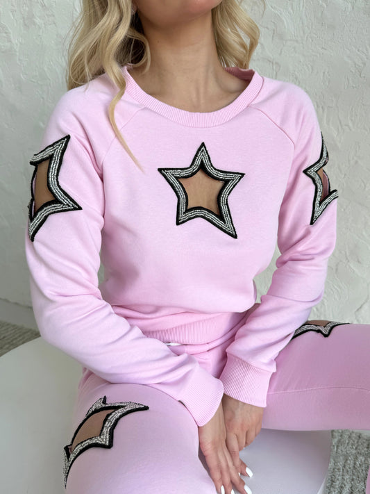 Pink women’s two-piece tracksuit with handmade beaded star embroidery by KRUTYAKOV