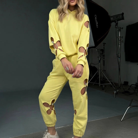 KRUTYAKOV Daisy Yellow lounge set for women featuring soft cotton blend fabric and statement flower cut-outs