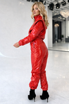 Women’s glossy red PVC jumpsuit with front zipper and sculpted slim fit