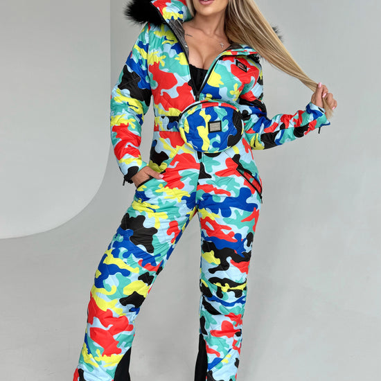 Full-body view of women’s multicolored ski suit with fitted silhouette, belt bag, and warm winter construction