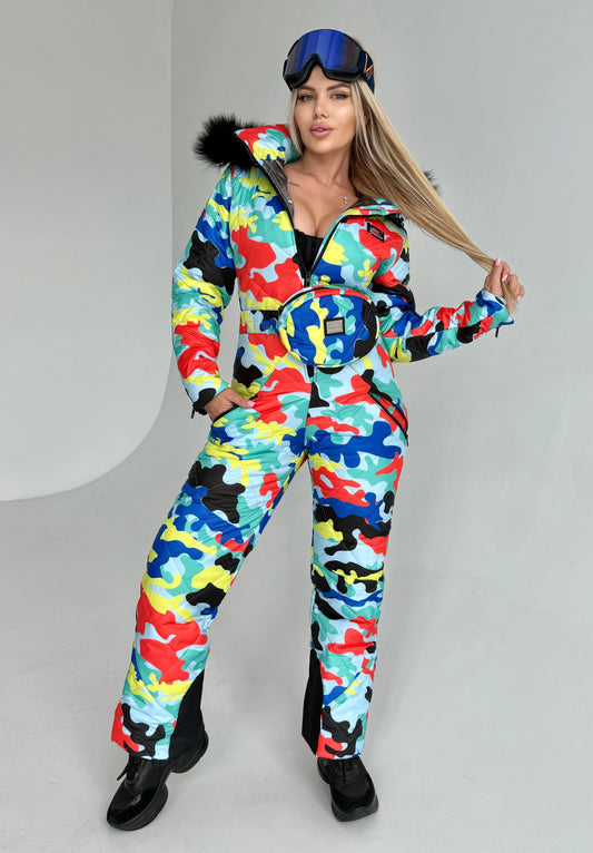 Full-body view of women’s multicolored ski suit with fitted silhouette, belt bag, and warm winter construction