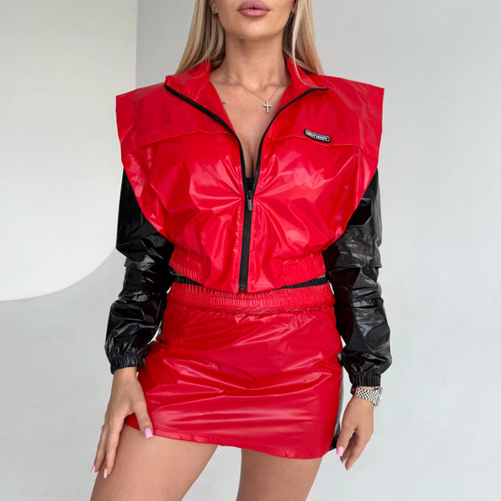 Red black party outfit for women with glossy PVC-look fabric and structured cropped jacket